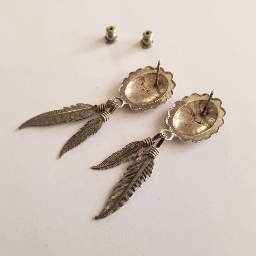 Vintage earrings Sterling Silver shield post Feather dangles 925 old pawn